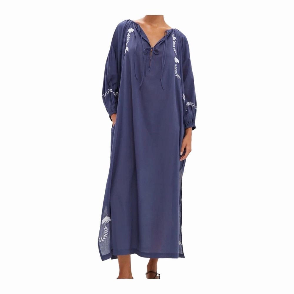 Love, Tomas By Emerson Fry White Dove Embroidery Blue Indigo Folk Maxi Dress OS
